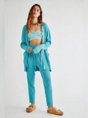 Free People Beach Knit Pants Boho High Rise Lounge Cozy Stretch Straight